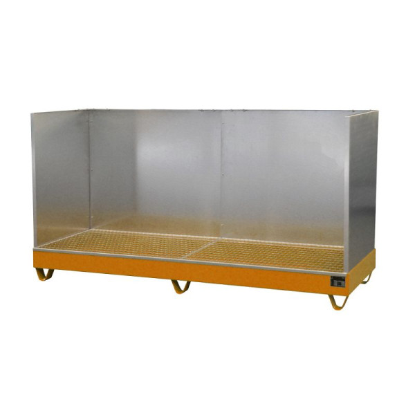 STEIN HGS Auffangwanne Serie 2000/SW, mit Spritzschutzwand, 222 Liter, RAL 2000 gelborange, Gesamthöhe 1250 mm, lackiert, 4 x 200 Liter Fass, 79195.0019