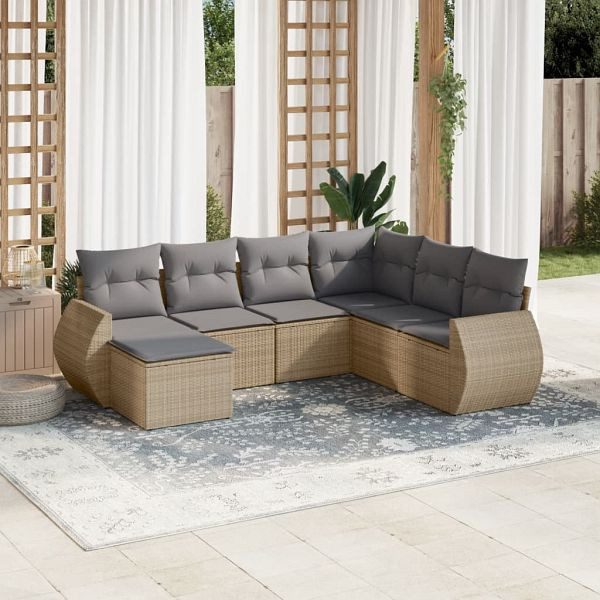 vidaXL 7-teilig Garten-Sofagarnitur mit Kissen Beige Poly Rattan, 3254036