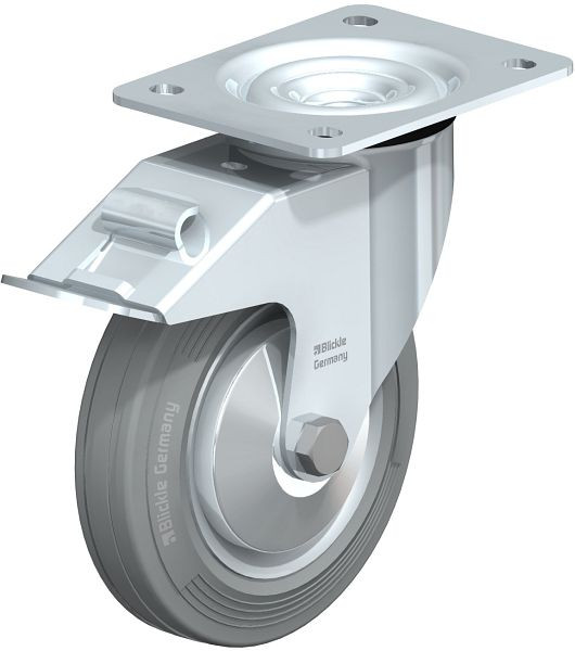 Blickle LE-VE 160R-FI-SG-FA Stahlblech-Lenkrolle mit Anschraubplatte & Feststeller, Vollgummi, Grau, 527119