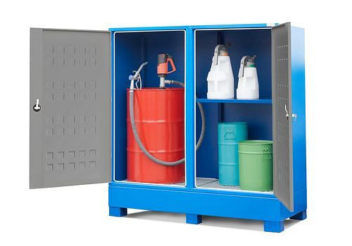 DENIOS SteelSafe Gefahrstoffdepot D2, mit Türen und 1 Regalboden, für 1 Fass und Kleingebinde, 259064