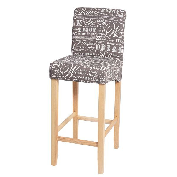 Mendler Barhocker HWC-C33, Barstuhl Tresenhocker, Holz, Schriftzug, grau, helle Beine, Stoff/Textil, 74534
