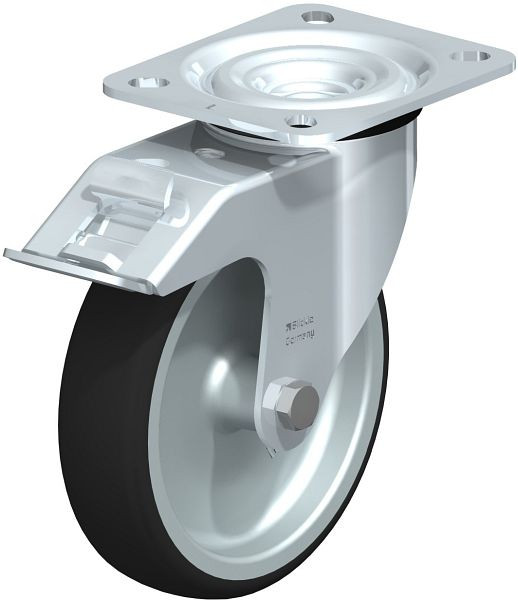 Blickle L-PATH 125G-FI Stahlblech-Lenkrolle, mittelschwere Ausführung, mit Anschraubplatte & Feststeller, Thermoplastisches Polyurethan, Grau, 847017