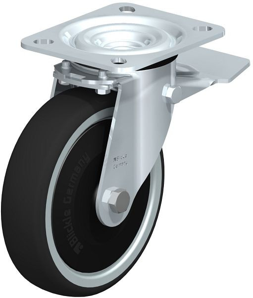 Blickle L-PATH 125K-ST-ELS-FK Stahlblech-Lenkrolle, mittelschwere Ausführung, mit Anschraubplatte & Feststeller, Thermoplastisches Polyurethan, 852201