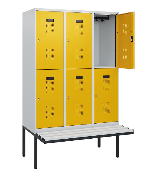 C+P Doppelstock-Spind Evolo PLUS, Bank, 6 Fächer, 1950x1200x815mm, 7035/1004, Zylinderschloss, Sitzfläche Kunststoff, 0493405-32 S10135