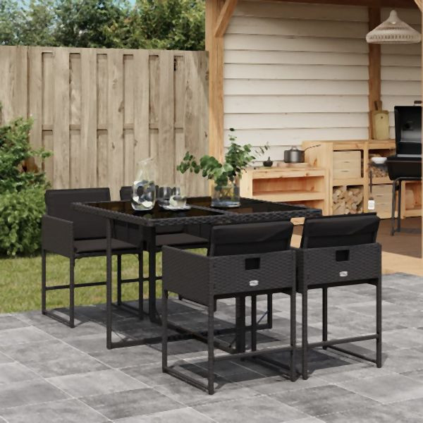 vidaXL 5-tlg. Garten-Essgruppe mit Kissen Schwarz Poly Rattan, 3211255