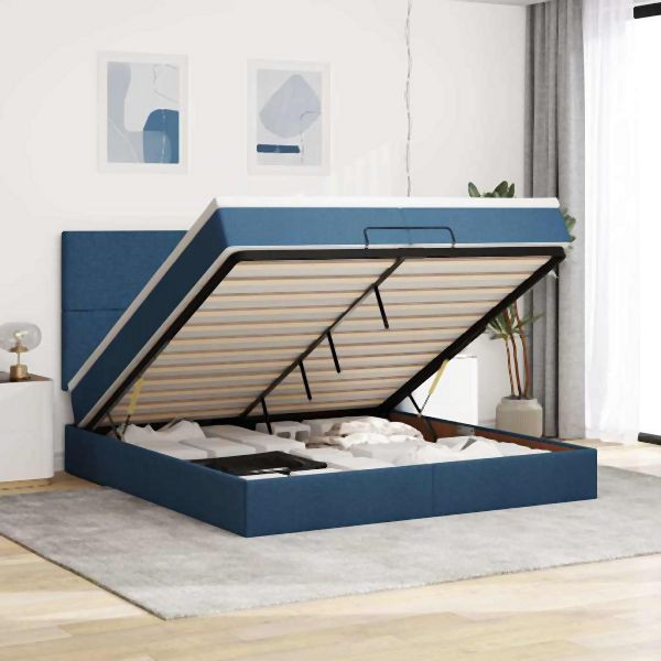 vidaXL Ottoman-Bett mit Matratzen & LEDs Blau 200x200 cm Stoff, 3313954
