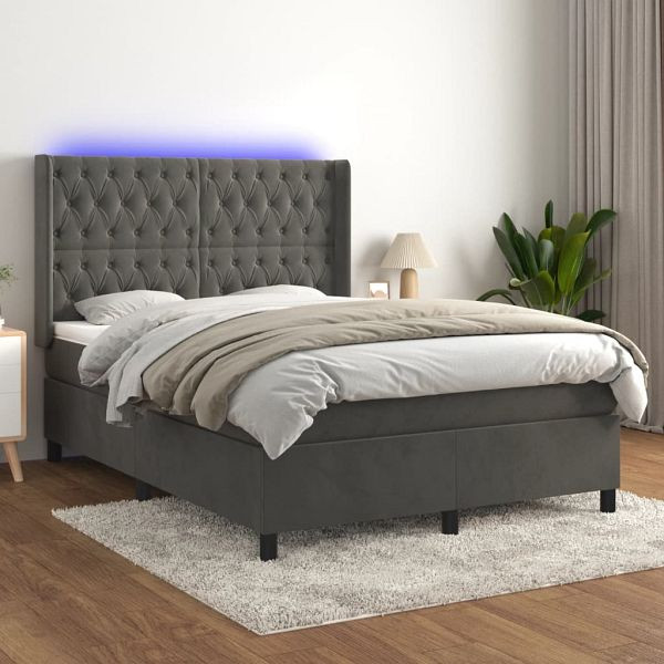 vidaXL Boxspringbett mit Matratze & LED Dunkelgrau 140x200 cm Samt, 3139746