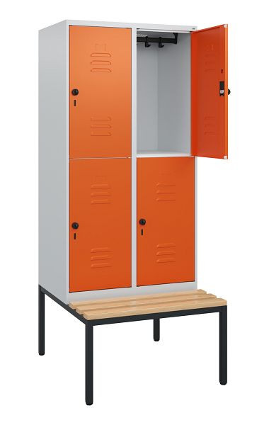 C+P Doppelstöckiger Spind Classic PLUS, 2 Abteile, 1950x800x815mm, 7035/2004, Drehriegel, Buche-Sitzleisten, mit untergebauter Sitzbank, 0803505-22 S10000