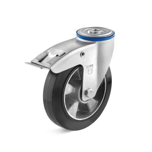 Torwegge Elastik-Vollgummi Lenkrolle mit Doppelstopp, Tragfähigkeit 300 kg, Rad-Ø 160 mm, Radbreite 50 mm, Ausladung 52 mm, 0029701