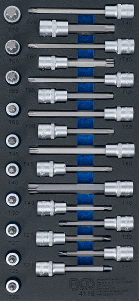 BGS Werkstattwageneinlage 1/3: Bit-Einsatz-Satz, Antrieb Innenvierkant 12,5 mm (1/2"), T-Profil (für Torx), 26-teilig, 4119