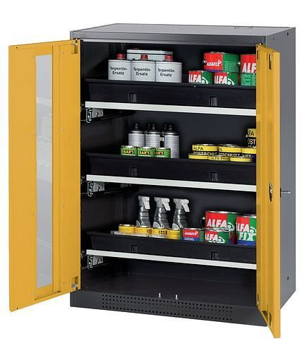 asecos Chemikalienschrank Systema-T CS-83G, Korpus anthrazit, Flügeltüren gelb, 3 Tablarauszüge, 208809