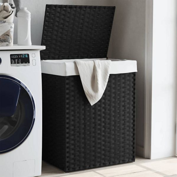 vidaXL Wäschekorb mit Deckel Schwarz 46x33x60 cm Poly Rattan, 372032