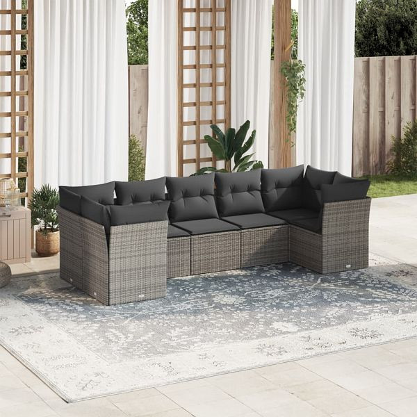 vidaXL 7-teilig Garten-Sofagarnitur mit Kissen Grau Poly Rattan, 3249959