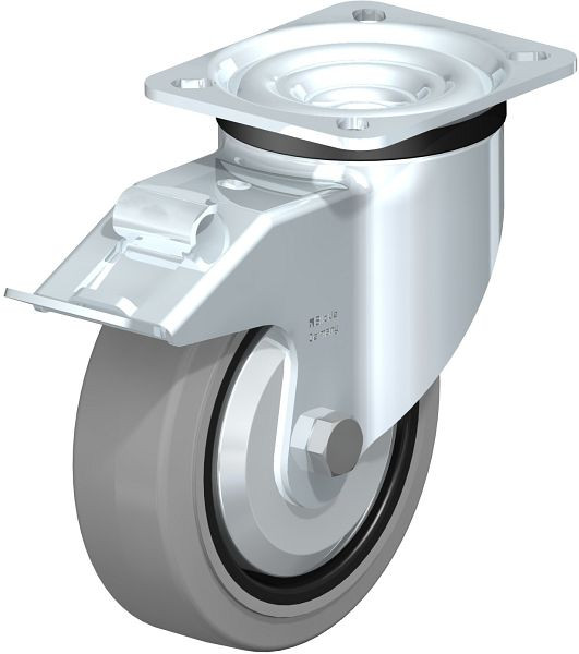 Blickle LK-POEV 125K-1-FI-SG-FA Stahlblech-Lenkrolle, schwere Ausführung, mit Anschraubplatte & Feststeller, Elastik-Vollgummi, Grau, 740386