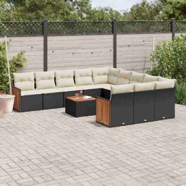 vidaXL 12-tlg. Garten-Sofagarnitur mit Kissen Schwarz Poly Rattan, UV-beständig, 3260516