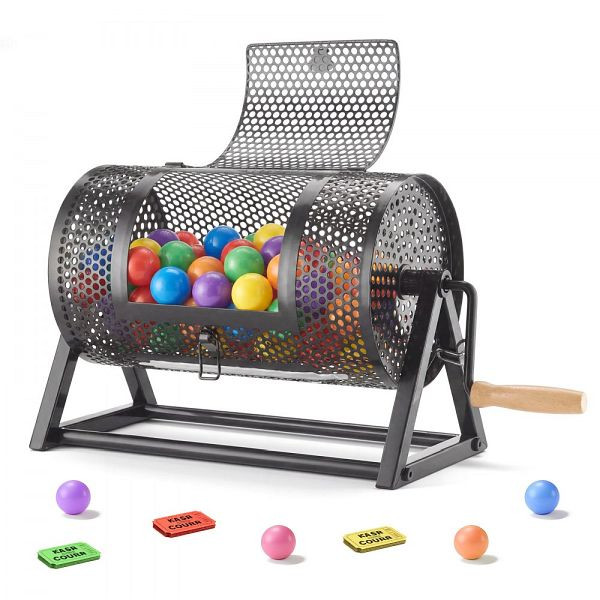 VEVOR Tombola Trommel 295xØ167mm, für 2500 Lose/100 Lotteriebälle, mit Kurbel & Dreiecksständer, Schwarz, CJG12YCJSDZJNWU4Q002V0