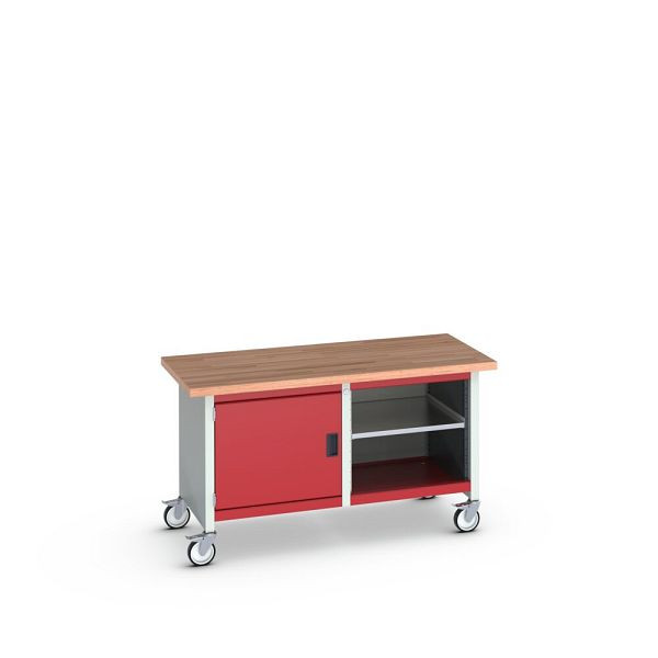 bott cubio Kastenwerkbank mobil, Türe, 2 Ablagen, Rotbuche-Arbeitsplatte, BxTxH: 1500x750x840mm, RAL 7035/3004, Purpurrot, 41002095.24V