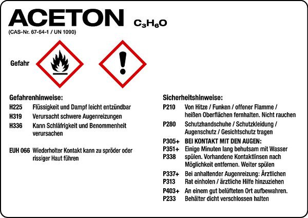 Schilder Klar Gefahrengutkennzeichnung GHS-Gefahrstoffetiketten: Aceton, 105x74 mm Folie selbstklebend, 505/31