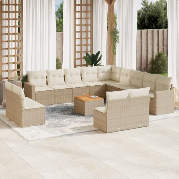 vidaXL 14-tlg. Garten-Sofagarnitur mit Kissen Beige Poly Rattan, 3256709