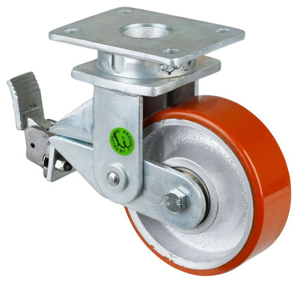 BS Rollen Gefederte Schwerlastrolle, Breite 50 mm, Ø150 mm, bis 600 kg, Lauffläche Guss-Polyurethan 95 Shore A, Radkörper Guss, Kugellager, T100.C10.150