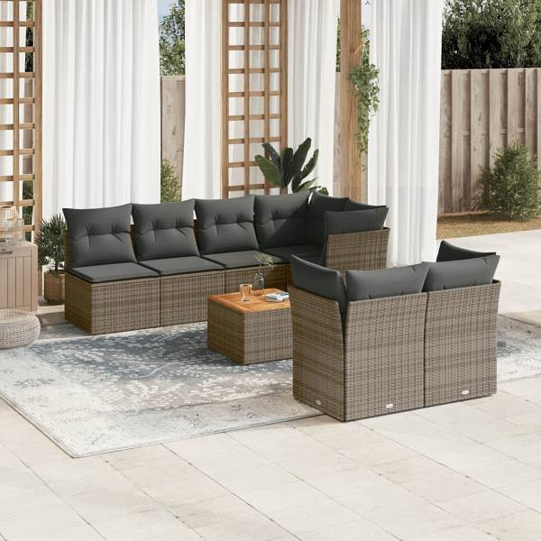 vidaXL 8-tlg. Garten-Sofagarnitur mit Kissen Grau Poly Rattan, UV-beständig, 3255850