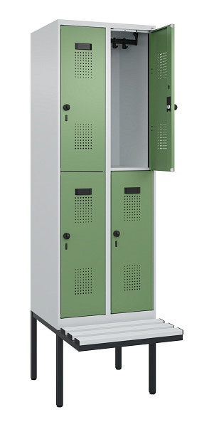 C+P Doppelstock-Spind Evolo PLUS, Bank, 4 Fächer, 2120x600x815mm, 7035/6011, Drehriegel, Sitzfläche Kunststoff, 0493407-20 S10091