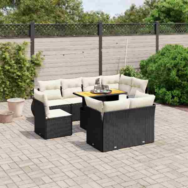 vidaXL 9-tlg. Garten-Sofagarnitur mit Kissen Schwarz Poly Rattan, UV-beständig, 3272288