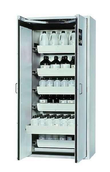 asecos Sicherheitsschrank S-CLASSIC-90, S90.196.090.WDAS in lichtgrau RAL 7035 mit 6x Auszugswanne Standard (Stahlblech), 30205-001-30220