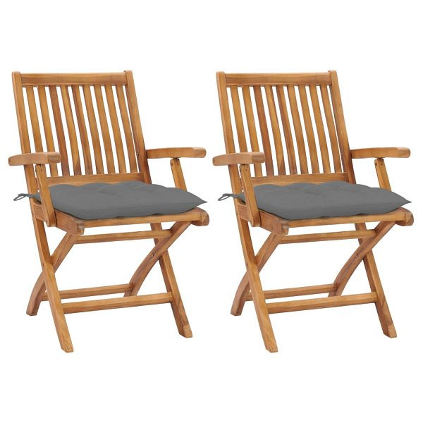 vidaXL Gartenstühle 2 Stück mit Grauen Kissen Massivholz Teak, 3062422