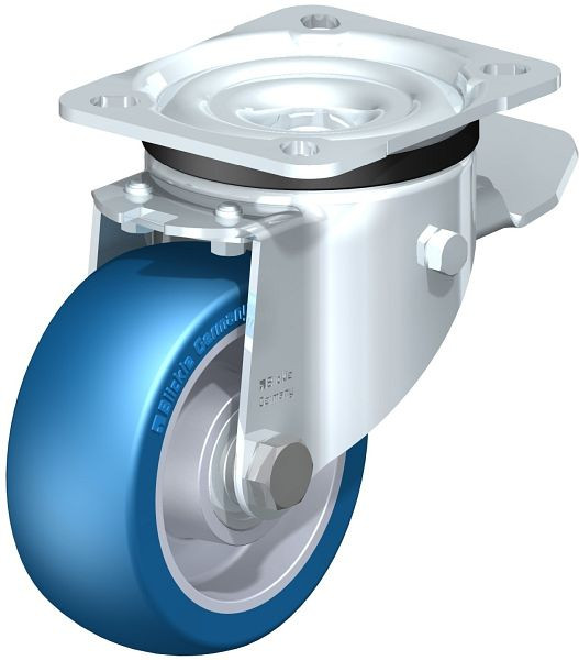 Blickle LK-ALBS 100K-1-ST Stahlblech-Lenkrolle, schwere Ausführung, mit Anschraubplatte & Feststeller, Blickle Besthane® Soft, Blau, 741971