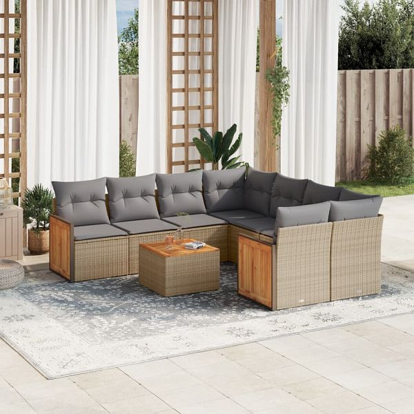 vidaXL 9-teilig Garten-Sofagarnitur mit Kissen Beige Poly Rattan, 3227508