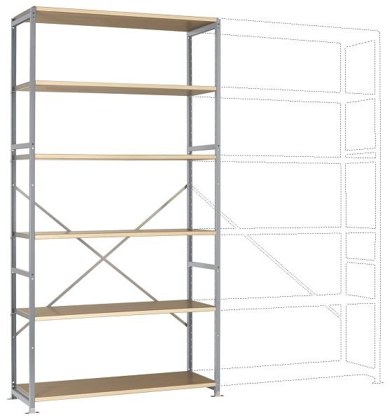 Manuflex Breitfach-Steckregal Grundregal mit 6 Holzverbundböden, HxBxT = 2500 x 1280 x 1000 mm, alusilber, RP1333.9006