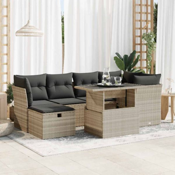 vidaXL 7-tlg. Garten-Sofagarnitur mit Kissen Hellgrau Poly Rattan, 3327782