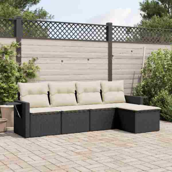 vidaXL 5-tlg. Garten-Sofagarnitur mit Kissen Schwarz Poly Rattan, UV-beständig, 3220085