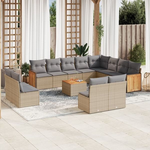 vidaXL 13-teilig Garten-Sofagarnitur mit Kissen Beige Poly Rattan, 3228159