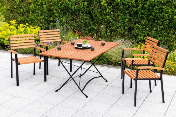 Merxx Schlossgarten Set 5-teilig, 4 Schlossgarten Stapelsessel, 1 Klappausziehtisch, 100 (150) x 90 cm, Flachstahl mit FSC Eukalyptusbelattung, 50158-217