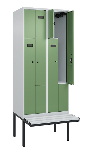 C+P Z-Spind Evolo PLUS, Bank, 4 Fächer, 2120x800x815mm, 7035/6011, Zylinderschloss, Material Sitzfläche Kunststoff, 0490437-224 S10091