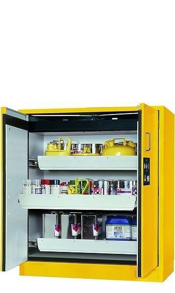 asecos Sicherheitsschrank S-PEGASUS-90, S90.129.120.WDAC in sicherheitsgelb RAL 1004 mit 3x Auszugswanne Standard (Stahlblech), 30123-002-30168