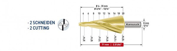 Karnasch Blechschälbohrer HSS-XE, TIN-Gold beschichtet Spiral genutet - 2 Schneiden 4-20mm, 201472