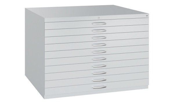 C+P Flachablageschrank Serie 7100_7200, H760xB1100xT765mm, 9016/9016, 10 Schubladenblenden doppelwandig, 7101-000 S10509