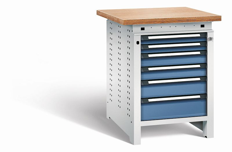 Otto Kind Werkbank Serie function Typ 110, Multiplexplatte, überstehend, 6 Schubladen, mit Zentralverschluss, Gehäuse RAL 7035, Front RAL 5023, 072327264