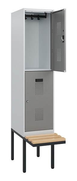 C+P Doppelstock-Spind Evolo PLUS, Bank, 2 Fächer, 1950x400x815mm, 7035/0004, Zylinderschloss, Sitzfläche Buche-Hartholz, 0493405-12 S10039