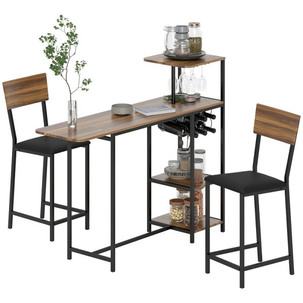 HOMCOM 3-teiliges Bartisch-Set, 1 Bartisch, 2 Stühle, mit Weinregal, Glashalter, Offene Regale, Fußstützen, Braun, 83A-228V00BN