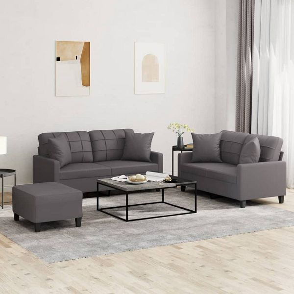 vidaXL 3-teilig Sofagarnitur mit Kissen Grau Kunstleder, 3201375