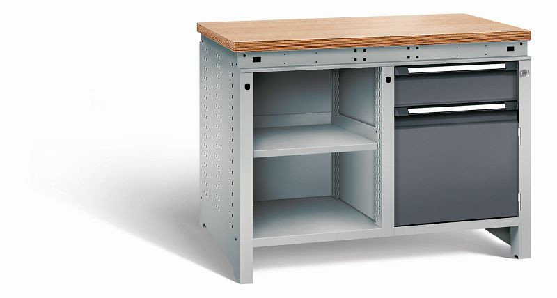 Otto Kind Werkbank Serie function Typ 211, Multiplexplatte 40 mm, bündig, 2x Unterbau, Gehäuse RAL 9006, Front RAL 7016, 07234114S