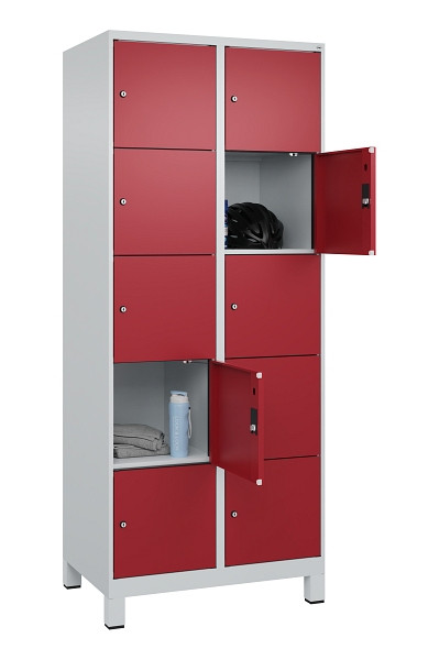C+P Schließfachschrank Evolo PLUS, mit Füßen, 10 Fächer, 1950x800x500mm, 7035/3, Frontfarbe RAL 3003 Rubinrot, 049010-225 S10004