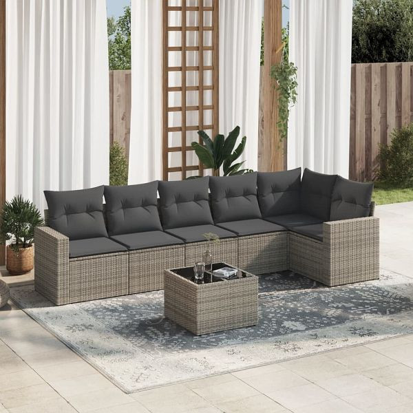 vidaXL 7-teilig Garten-Sofagarnitur mit Kissen Grau Poly Rattan, 3251337