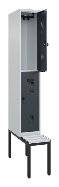 C+P Doppelstock-Spind Evolo PLUS, Bank, 2 Fächer, 2120x300x815mm, 7035/7016, Drehriegel, Sitzfläche Kunststoff, Sitzbank, 0493507-10 S10093