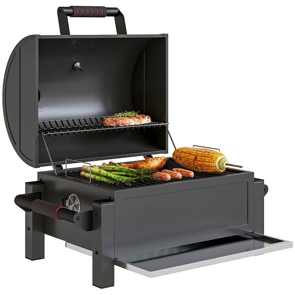 Outsunny Kohlegrill mit Deckel, Warmhalterost, Aschefach, Thermometer, rostfrei, 67 x 53 x 55cm, Schwarz/Rot, 846-134V01BK