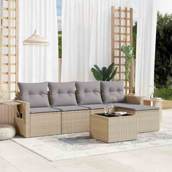 vidaXL 6-tlg. Garten-Sofagarnitur mit Kissen Beige Poly Rattan, UV-beständig, 3220098